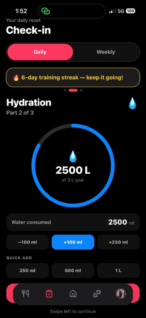 Nutrition screen with calorie ring, macros, and meal log