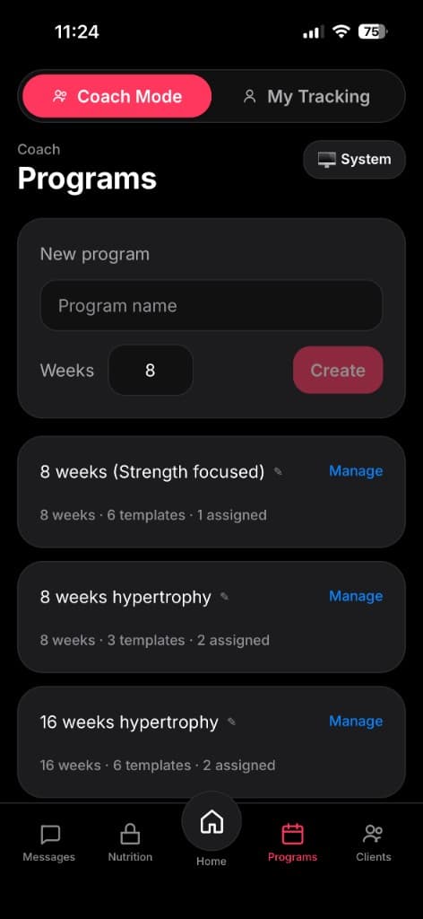 Aroven coach programs screen for creating and managing training programs