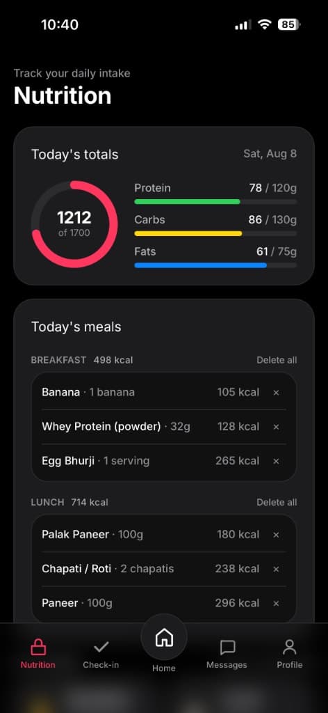 Aroven nutrition dashboard showing calorie ring, macro bars, and today's meals