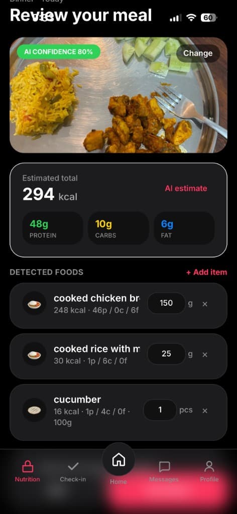 Aroven AI meal review with detected foods, calories, and macros