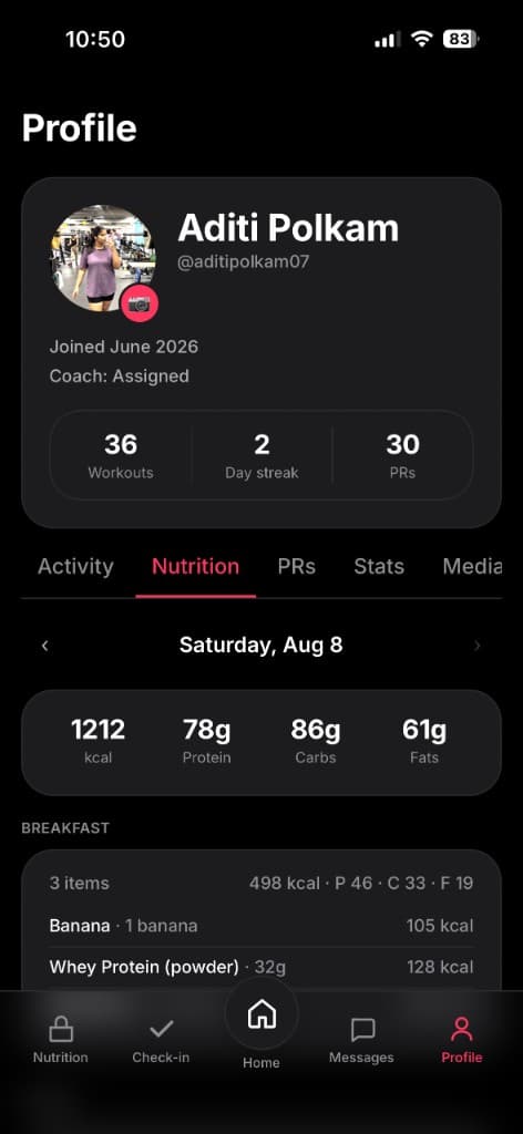 Aroven profile with workout streak, PRs, and daily nutrition summary